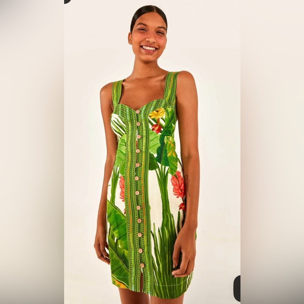 Farm Rio Tropical Green Button-Down Dress